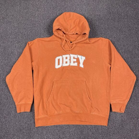 VTG Obey Hoodie Orange Y2K Logo Print Casual Skateboard Pullover Size Large - Picture 1 of 6